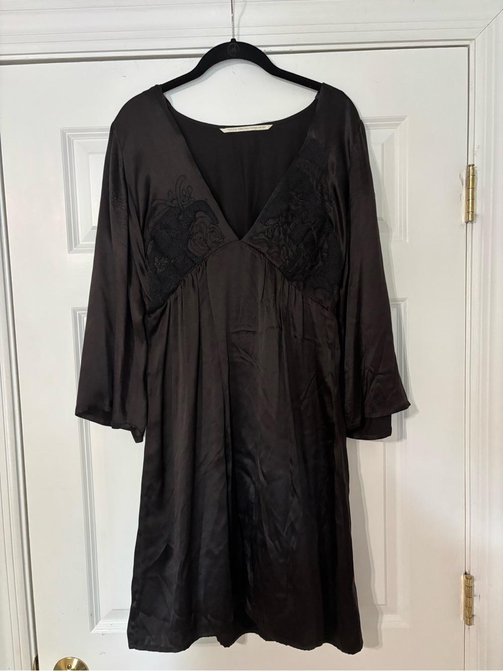 Black 100% Silk V-Neck Dress with Embroidered Bodice